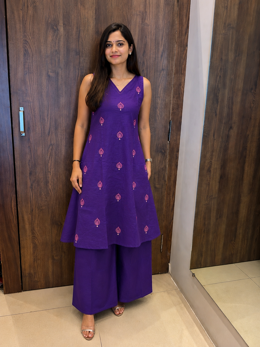 💜 Purple Floral A-Line Kurti Set (#105)