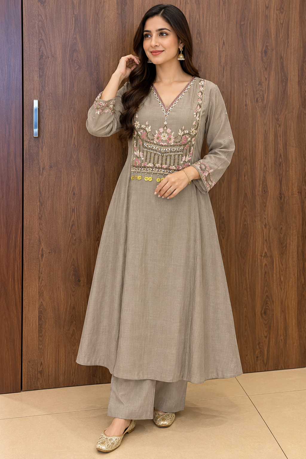 GRAY EMBROIDARIED ANARKALI SET (#154)