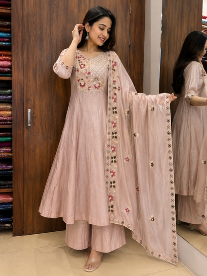 BLUSH BLOOM EMBROIDERED ANARKALI SET WITH DUPATA
