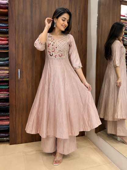 BLUSH BLOOM EMBROIDERED ANARKALI SET WITH DUPATA