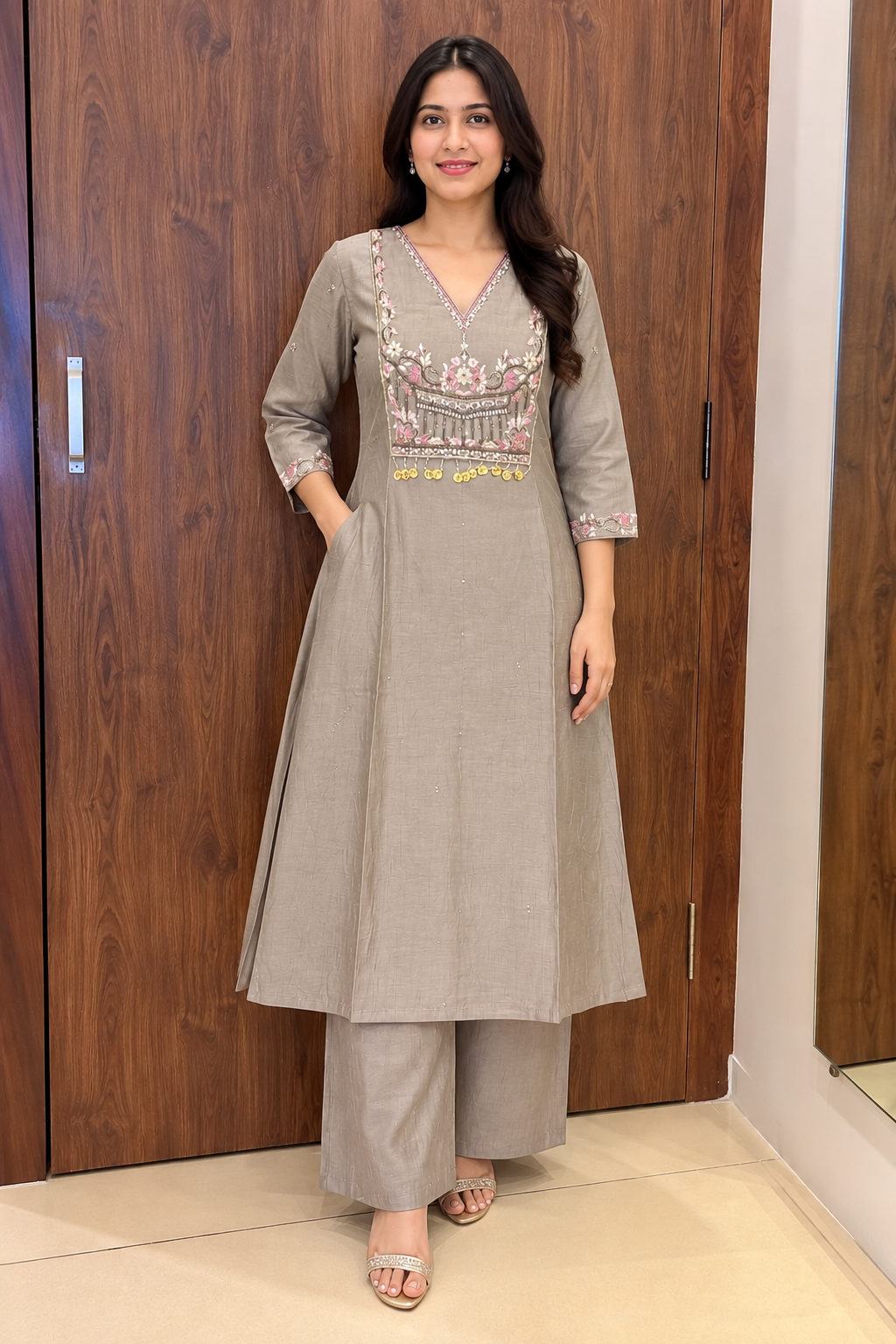 GRAY EMBROIDARIED ANARKALI SET (#154)