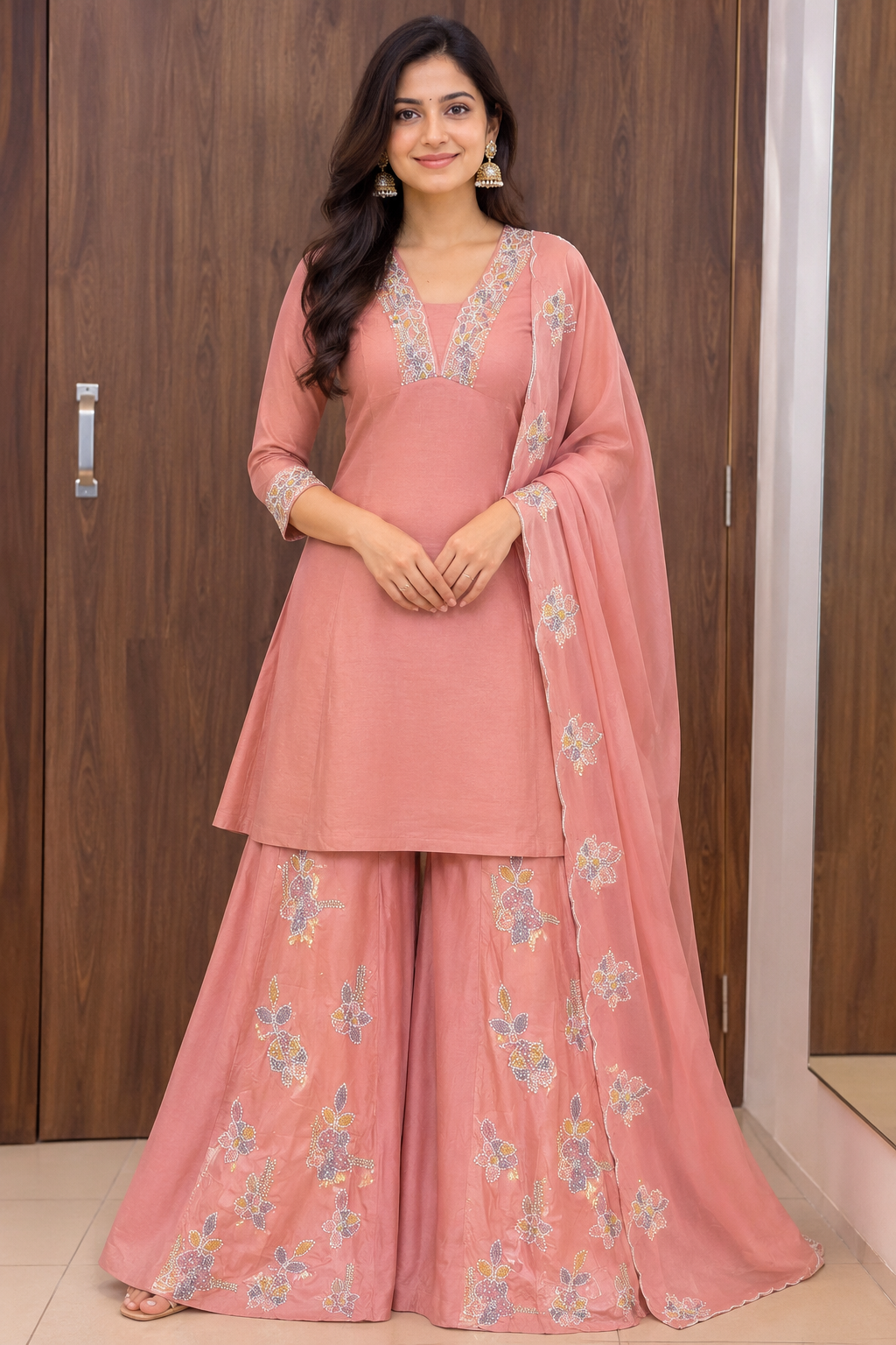 PINK PEACH EMBROIDERY SARARA SET (#142)