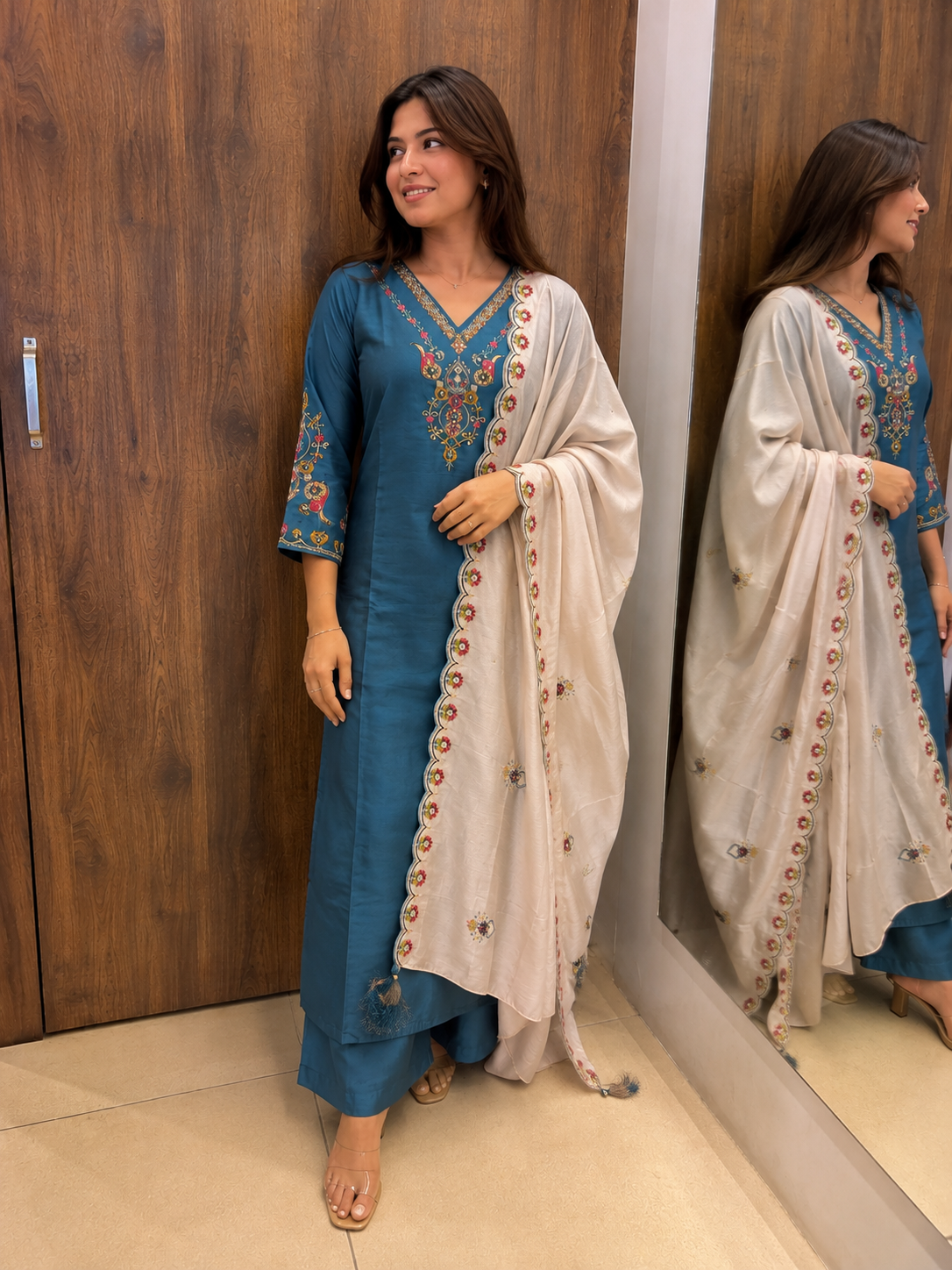 Teal Blossom Embroidered Dupatta Set (#79)