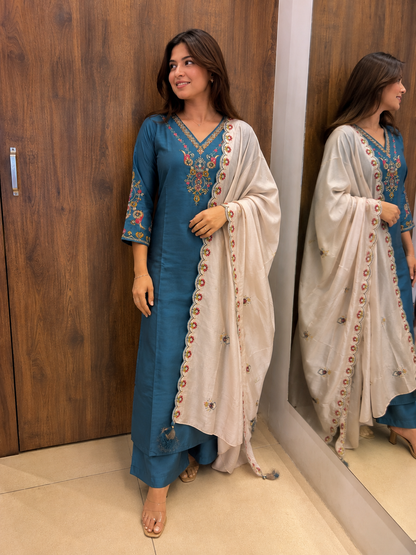 Teal Blossom Embroidered Dupatta Set (#79)