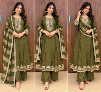 ZARI EMBROIDERY HEENA GREEN ANARKALI STYLE DUPATTA SET (#146)