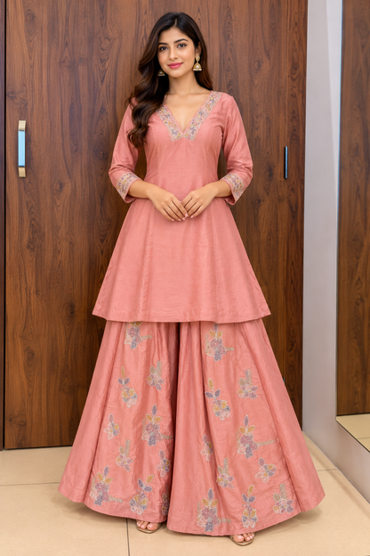 PINK PEACH EMBROIDERY SARARA SET (#142)