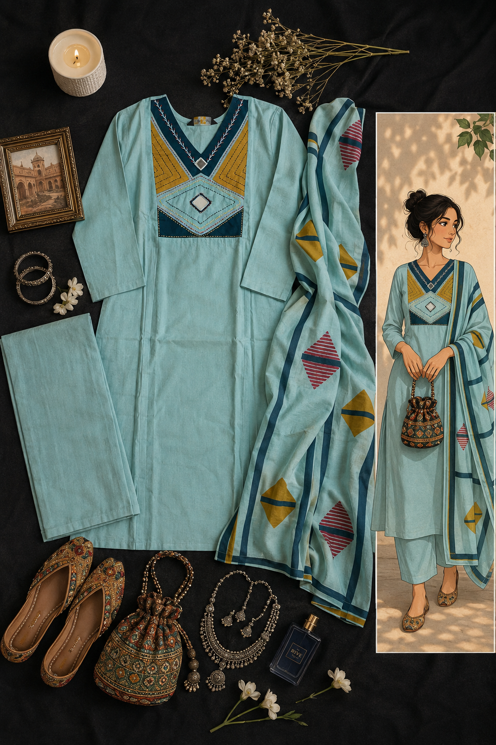 Aqua Mosaic Handwork Kurti Set (#95)