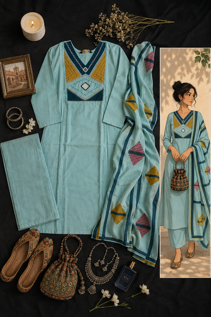 Aqua Mosaic Handwork Kurti Set (#95)