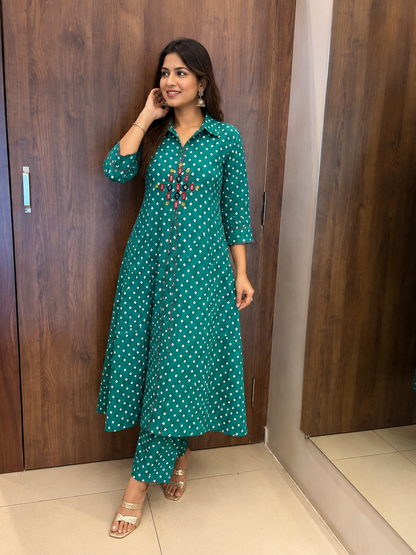 Teal Bandhani Bloom Kurta Set (#109)