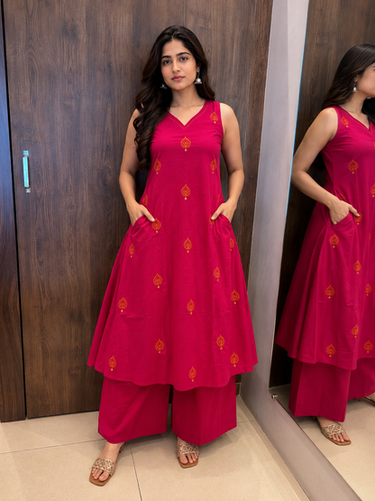 Fuchsia Floral Motif A-Line Kurta Set (#106)