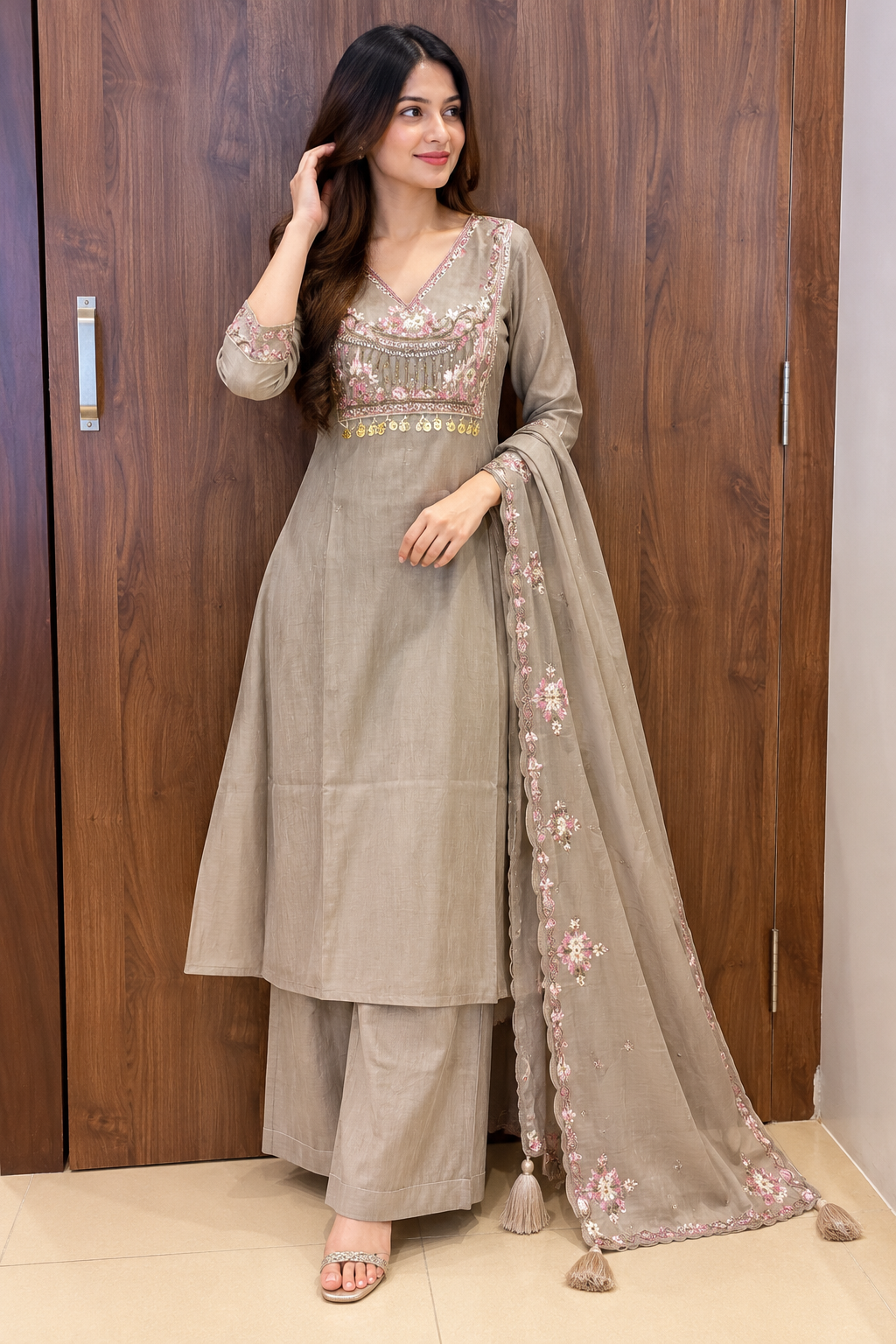 GRAY EMBROIDARIED ANARKALI SET (#154)