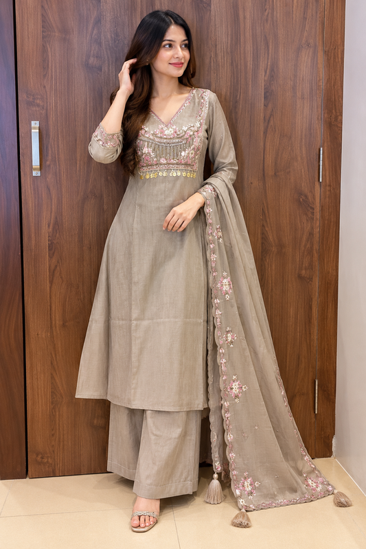 GRAY EMBROIDARIED ANARKALI SET (#154)