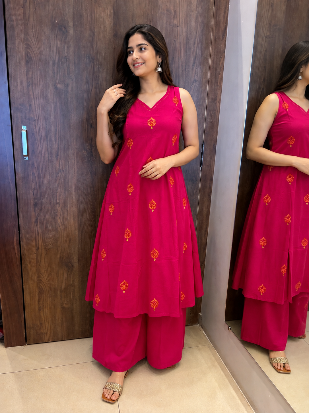 Fuchsia Floral Motif A-Line Kurta Set (#106)