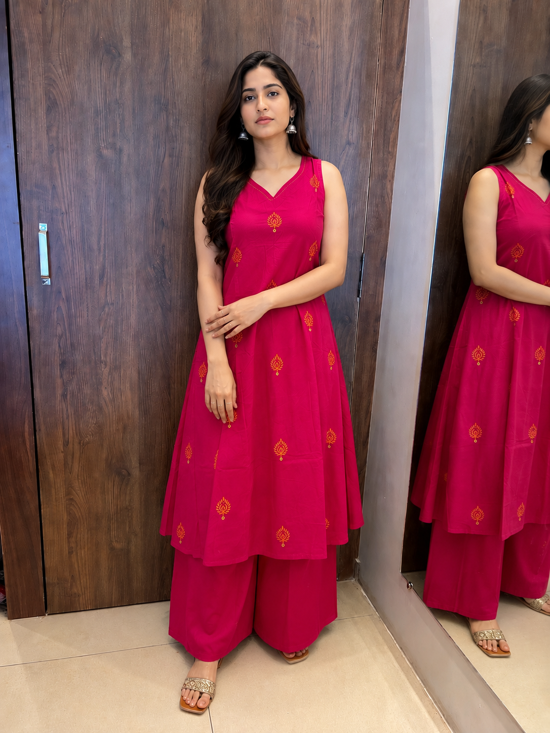 Fuchsia Floral Motif A-Line Kurta Set (#106)