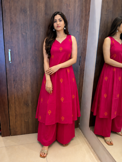 Fuchsia Floral Motif A-Line Kurta Set (#106)