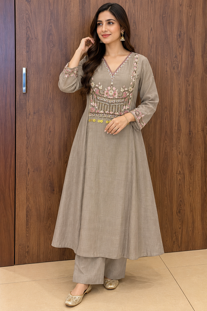 GRAY EMBROIDARIED ANARKALI SET (#154)