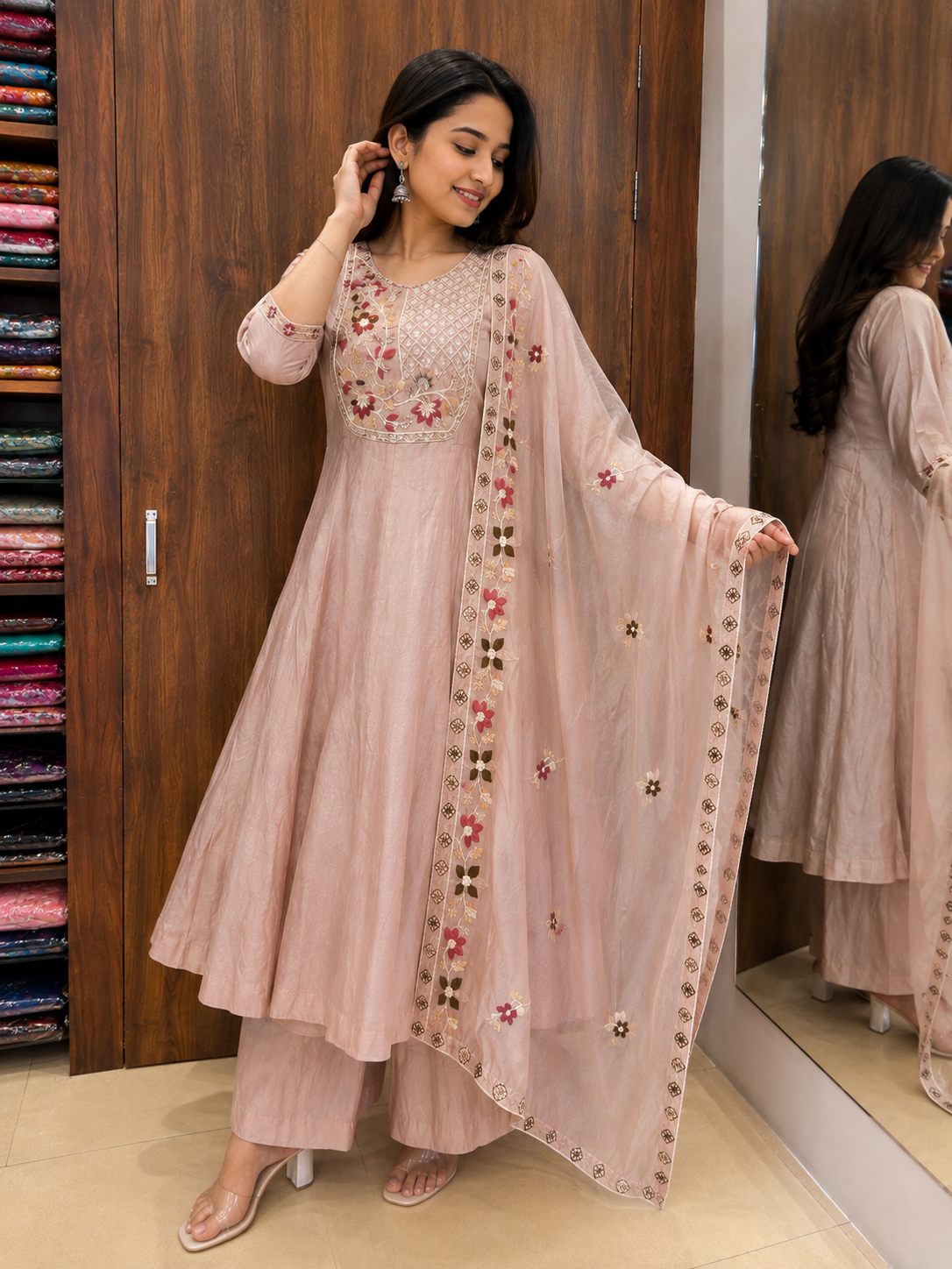 BLUSH BLOOM EMBROIDERED ANARKALI SET WITH DUPATA