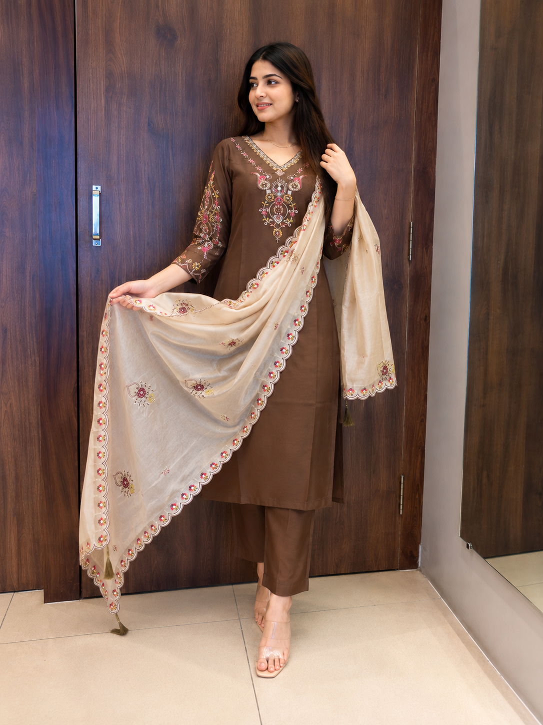 Mocha Bloom Embroidered Dupatta set (#80)