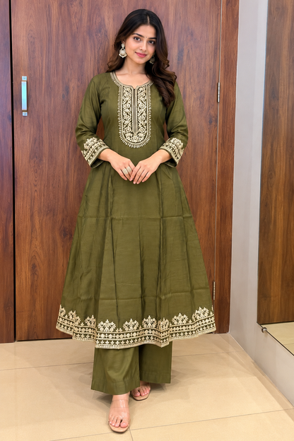 ZARI EMBROIDERY HEENA GREEN ANARKALI STYLE DUPATTA SET (#146)