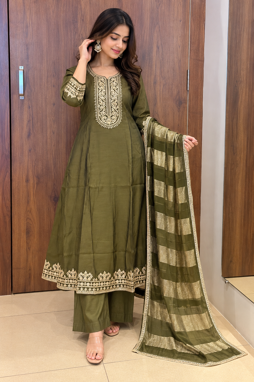 ZARI EMBROIDERY HEENA GREEN ANARKALI STYLE DUPATTA SET (#146)