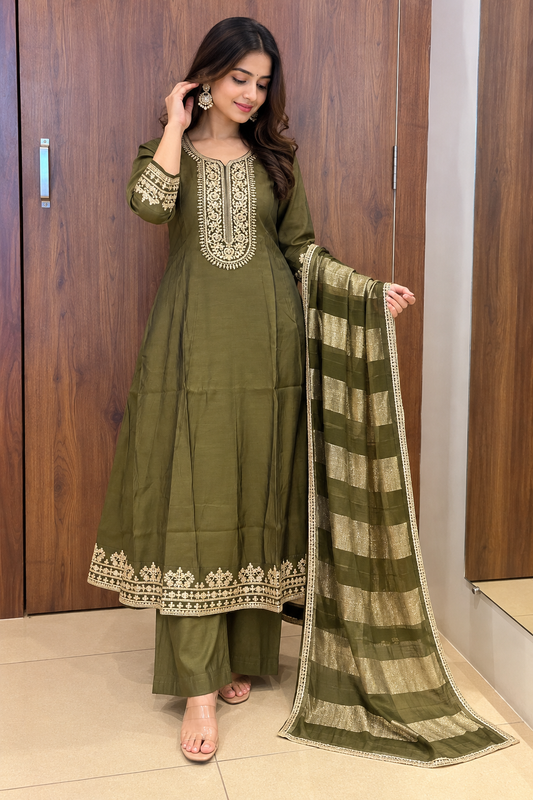 ZARI EMBROIDERY HEENA GREEN ANARKALI STYLE DUPATTA SET (#146)