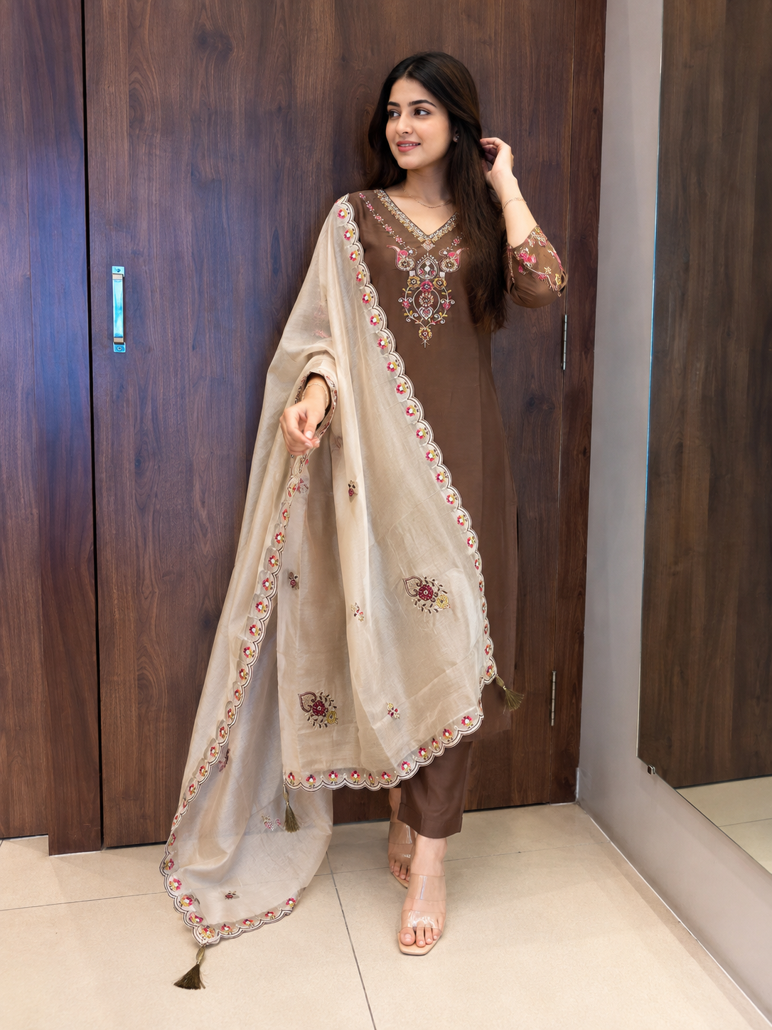 Mocha Bloom Embroidered Dupatta set (#80)