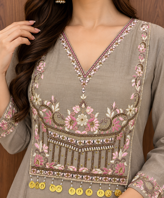 GRAY EMBROIDARIED ANARKALI SET (#154)