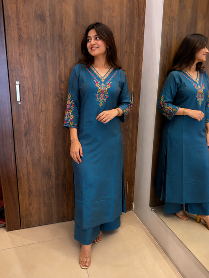 Teal Blossom Embroidered Dupatta Set (#79)