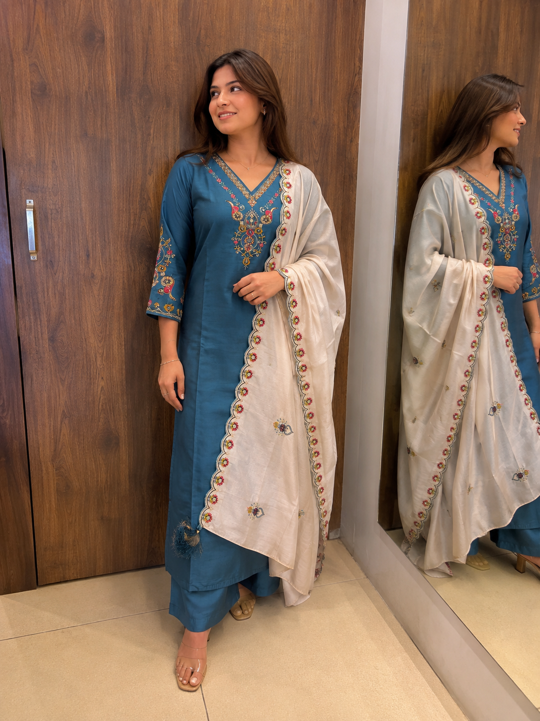 Teal Blossom Embroidered Dupatta Set (#79)