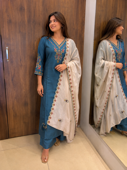 Teal Blossom Embroidered Dupatta Set (#79)