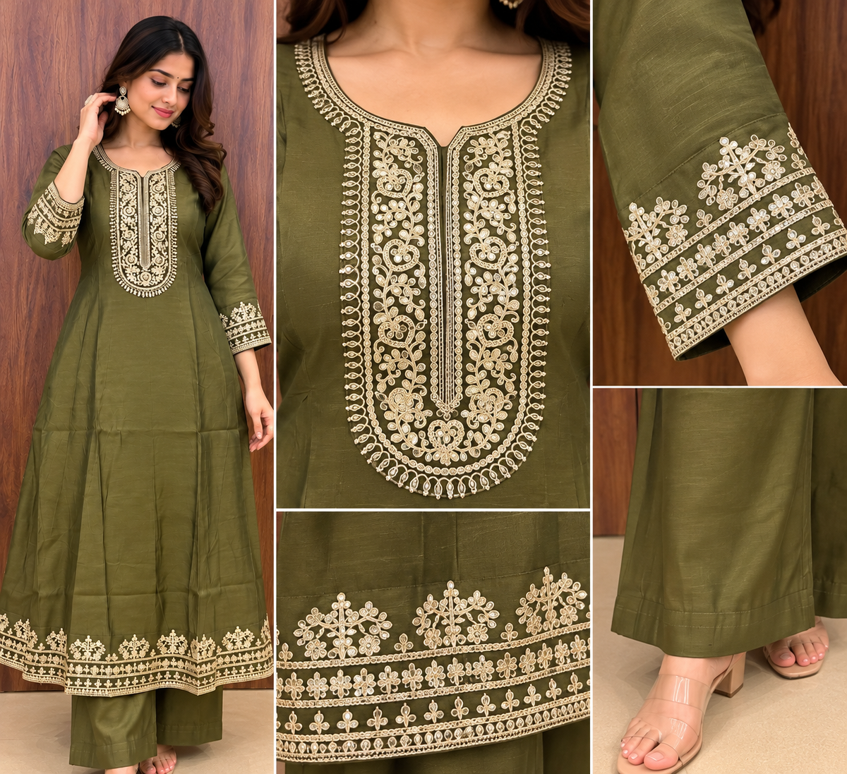 ZARI EMBROIDERY HEENA GREEN ANARKALI STYLE DUPATTA SET (#146)