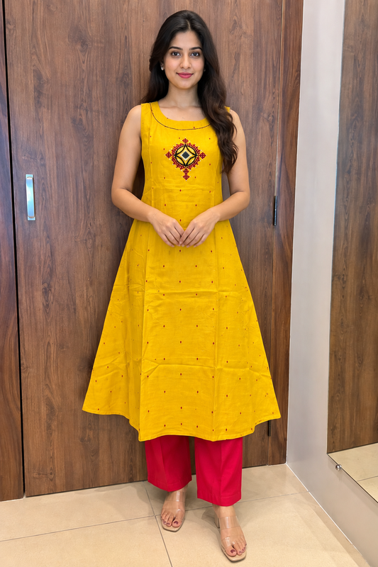 Golden Yellow / Red kurti pant set (#126)